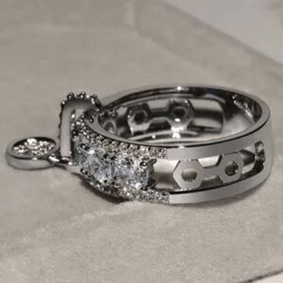 Engagement Wedding Anniversary Round Diamond Mosaic Ring With Hanging Charm - Picture 4 of 5